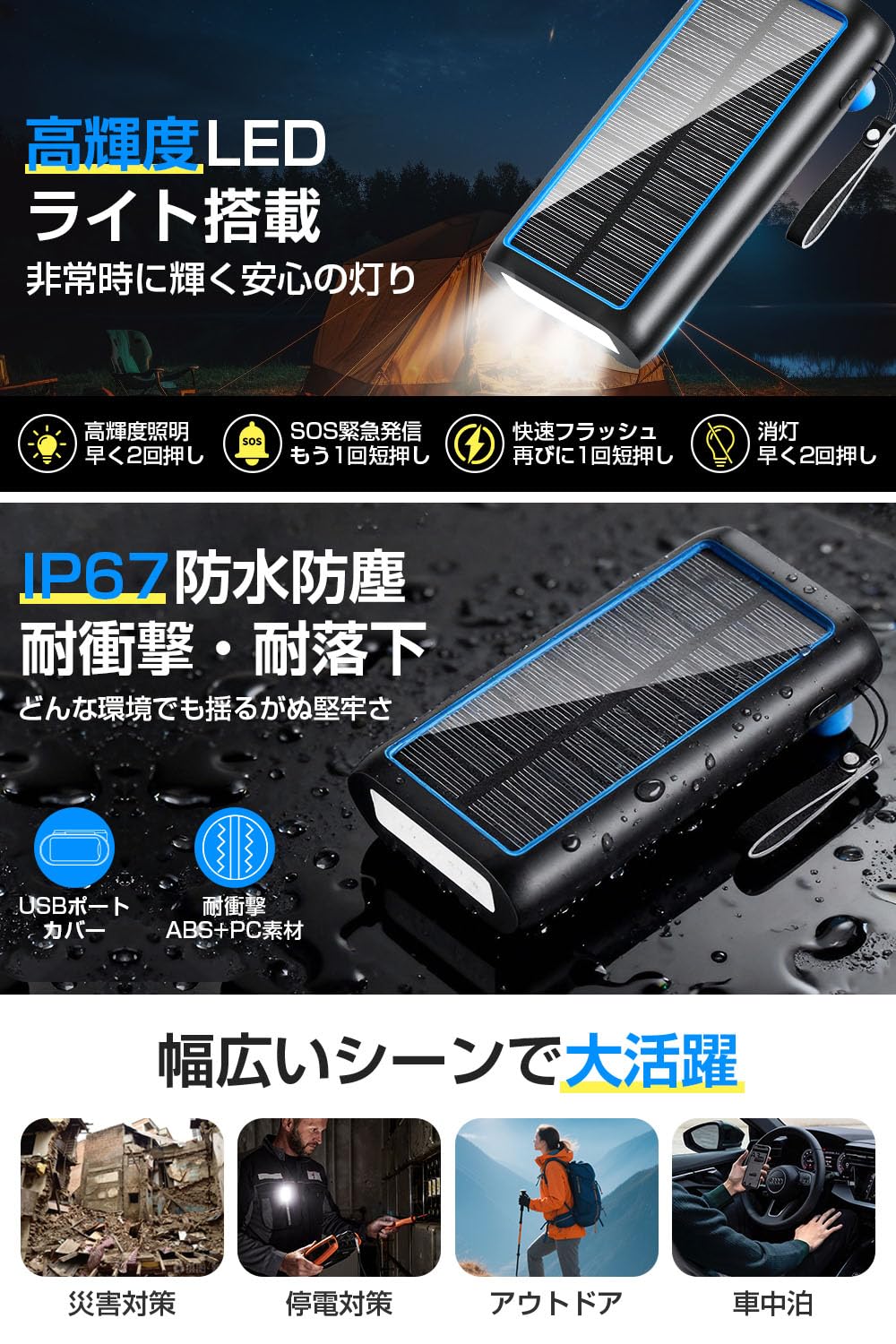 Amazon | ソーラーモバイルバッテリー 22.5W/PD18W 61200mAh 急速充電